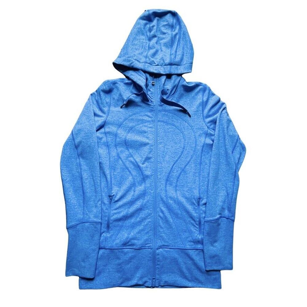 Lululemon Scuba Jacket Women Size 8 Blue Heathered Big Logo Hooded Full Zip MINT